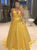 Yellow Spaghetti Straps A Line Satin V Neck Prom Dresses