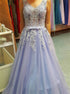 A Line V Neck Appliques Tulle Lace Up Lavender Prom Dress LBQ3926