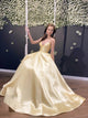 A Line Spaghetti Straps V Neck Satin Lace Up Prom Dresses