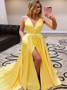 A Line Halter Yellow Split Side Long Prom Dresses with Pockets