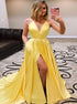 A Line Halter Yellow Split Side Long Prom Dresses with Pockets LBQ3545