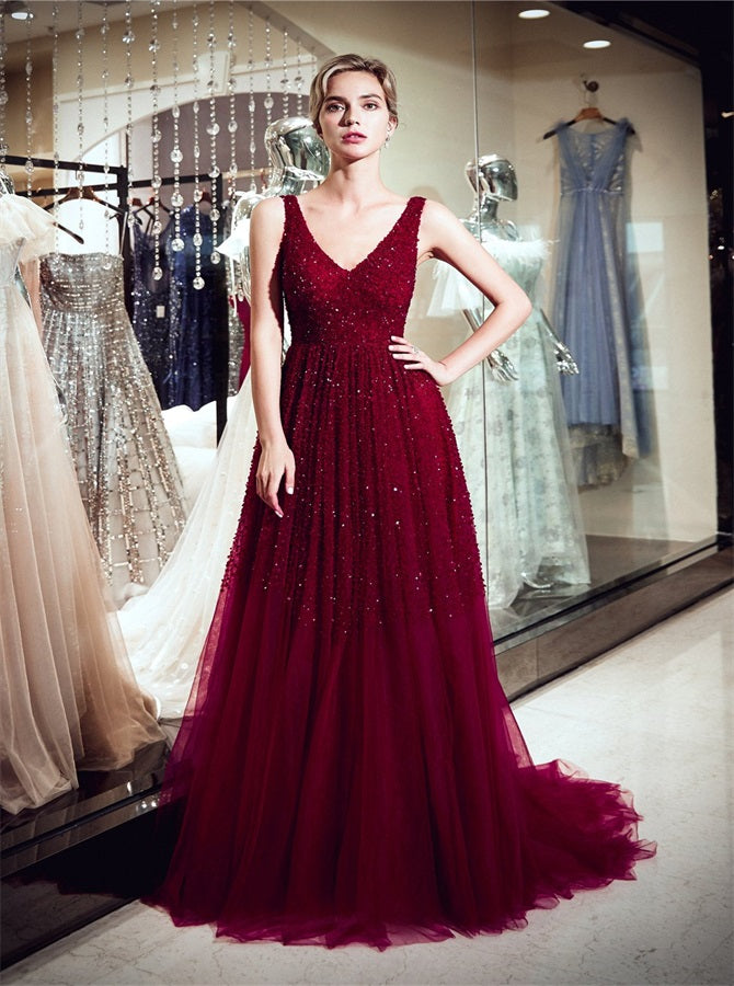 A Line V Neck Tulle Prom Dresses with Beaded | Alinepromdress A Line V Neck Tulle Prom Dresses with Beaded | Alinepromdress