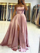 A Line Spaghetti Straps Satin Pink Prom Dresses with Split LBQ3601