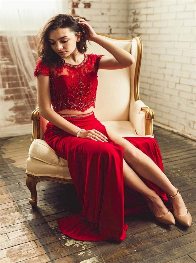 A Line Short Sleeves Beadings Satin Prom Dresses with Slit | Alinepromdress A Line Short Sleeves Beadings Satin Prom Dresses with Slit | Alinepromdress