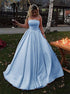Blue Strpless Ball Gown Satin Pleats Prom Dresses LBQ3782