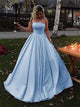  Blue Strpless Ball Gown Satin Pleats Prom Dresses