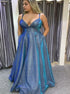 A Line Spaghetti Straps V Neck Satin Prom Dress with Pockets LBQ3970