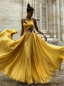 A Line Spaghetti Straps Yellow Chiffon Prom Dresses with Butterfly