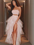 Two Pieces Strapless A Line Tulle Ruffles Prom Dresses LBQ3488