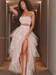Two Pieces Strapless A Line Tulle Ruffles Prom Dresses