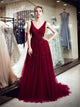 A Line V Neck Sweep Train Tulle Prom Dresses with Beaded