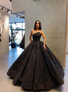 Black Ball Gown Sequin Strapless Pleats Prom Dresses 
