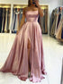 A Line Spaghetti Straps Satin Pink Prom Dresses with Split LBQ3601