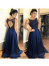 A Line Open Back Scoop Appliques Satin Prom Dresses LBQ3759