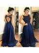 A Line Open Back Scoop Appliques Satin Prom Dresses