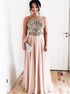 A Line Halter Beaded Pink Chiffon Prom Dress LBQ3620