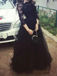 Ball Gown 3/4 Sleeves Bateau Lace Floor Length Tulle Dresses