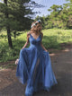 A Line V Neck Appliques Tulle Prom Dresses