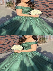 Green Ball Gown Appliques Off the Shoulder Tulle Prom Dresses