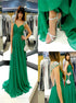 A Line V Neck Cap Sleeves Beadings Green Chiffon Prom Dress LBQ3905