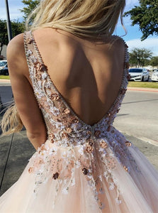 A Line Deep V Neck Tulle Floor Length Prom Dresses with Beadings