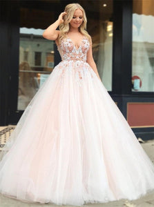 A Line Deep V Neck Tulle Prom Dresses with Beadings