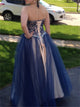 Floor Length Blue Lace Up Evening Dresses