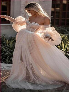 Pink Tulle Off Shoulder Tulle Pleats Puffy Sleeves Floor Length Prom Dresses