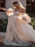 Pink Off Shoulder Tulle Pleats Puffy Sleeves Prom Dress LBQ0586