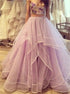 A Line Sweetheart Ruffles Tulle Appliques Prom Dress LBQ4271