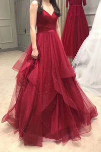 A Line Red Sweetheart Tulle Layered Long Prom Dresses ZXS635
