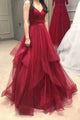A Line Red Sweetheart Tulle Layered Long Prom Dresses ZXS635