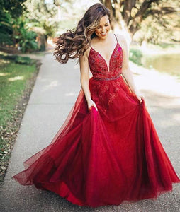 A Line Tulle Backless Sweetheart Red Beaded Long Prom Dresses GJS647