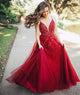A Line Tulle Backless Sweetheart Red Beaded Long Prom Dresses GJS647