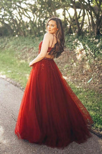 A Line Tulle Backless Sweetheart Red Beaded Long Prom Dresses GJS647
