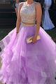 Two Piece Lilac A Line Tulle Sequins Prom Dresses LBQ0786