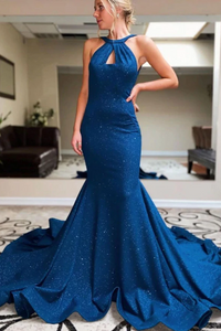 Blue Mermaid Backless Long Prom Evening Dress GJS623