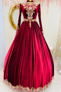 Burgundy Velvet Beaded Muslim Long Sleeve  Evening Formal Party Gown GJS611