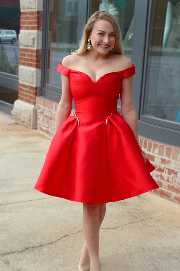 A-Line Off-the-Shoulder Knee-Length Red Satin Pockets Homecoming Dress Alinepromdress A-Line Off-the-Shoulder Knee-Length Red Satin Pockets Homecoming Dress Alinepromdress