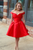 A-Line Off-the-Shoulder Knee-Length Red Satin Pockets Homecoming Dress ZXS664