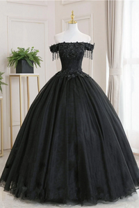 Black Tulle Lace Off-the-shoulder Bridesmaid Long Prom Dress GJS717