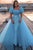 Blue Bubble Sleeves Spoon Neck Mermaid Sequin Detachable Long Prom Dress GJS718
