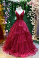 Burgundy V Neck Tulle Lace Long Prom Evening Dress GJS679