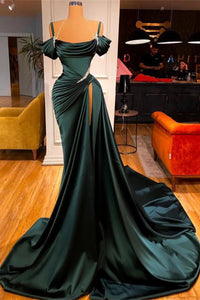 Sexy Dark Green Satin Mermaid Spaghetti Straps Pleats Seep Train Formal Dress GJS614