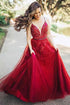 A Line Tulle Backless Sweetheart Red Beaded Long Prom Dresses GJS647