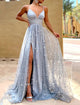 A Line Blue V Neck Tulle Prom Dress with Slit LBQ4069