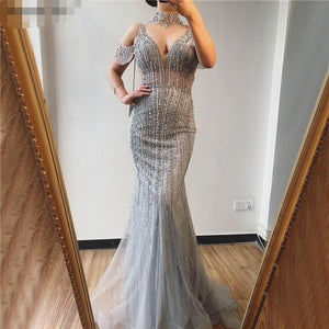 Off the Shoulder Mermaid Tulle Prom Dresses with Beadings LBQ1096