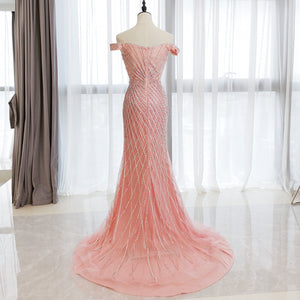 Pearl Pink Off-the-shoulder Sexy Mermaid Long Prom Evening Dress  GJS593