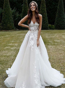 A Line Spaghetti Straps Sweetheart Tulle Wedding Dresses 