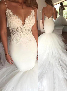 Mermaid Tulle Satin Spaghetti Straps Wedding Dresses